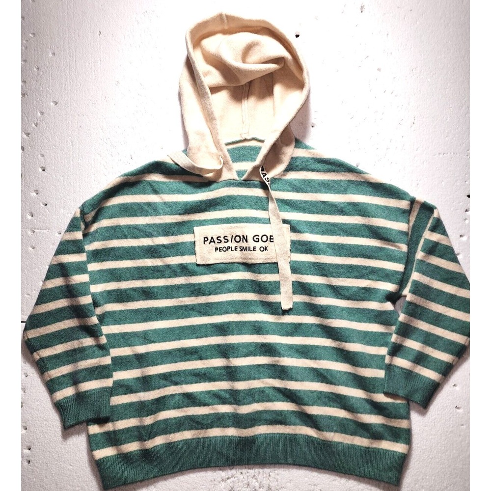 Passion Goes Sweater Women Beige Green Striped Hoodie Drawstring Unknown Size